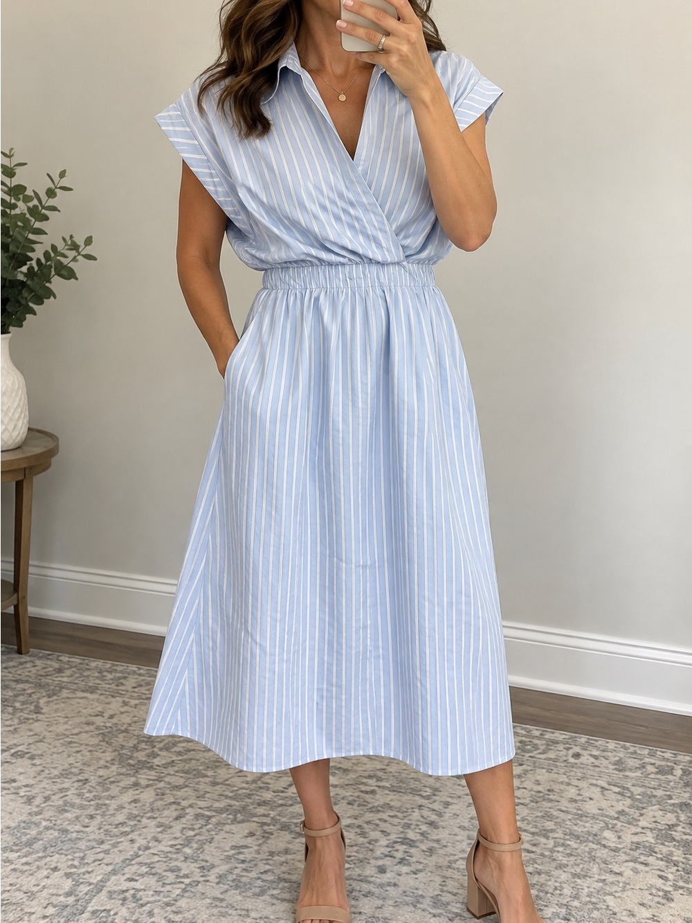 Banana Republic Light Blue & White Striped Wrap-Style Midi Dress